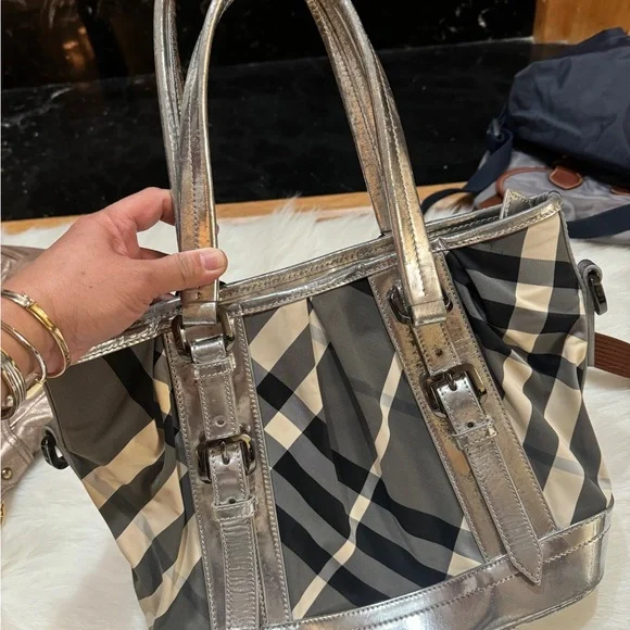Burberry Metallic Silver and Checkered Tote Bag - Picture 2 of 11